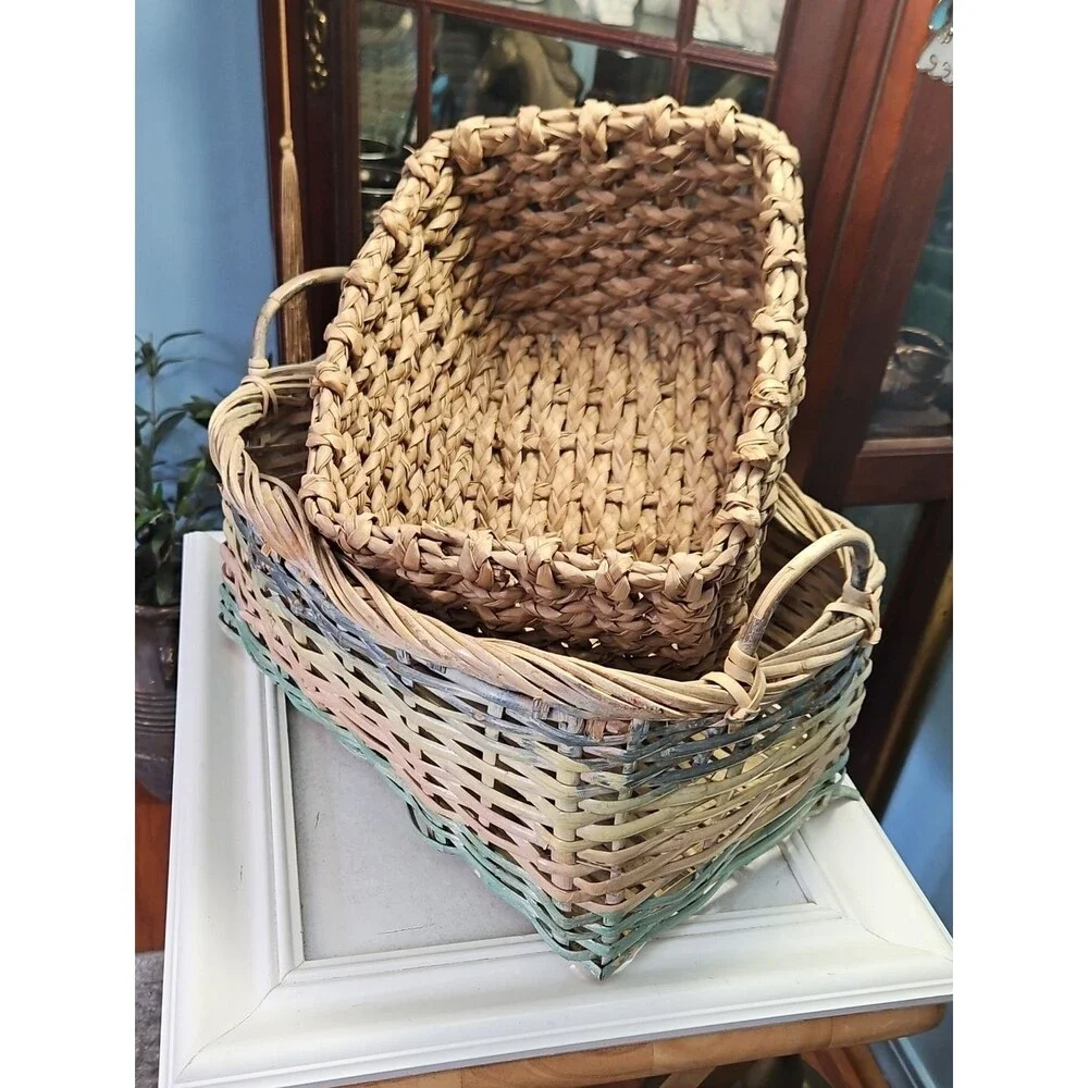 Woven Natural and Pastel Rectangular Storage Basket Set